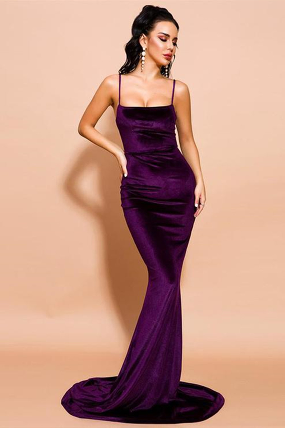 Mermaid Bateau Neck Sleeveless Sweep / Brush Train Velvet Formal Dress With Ruched 2