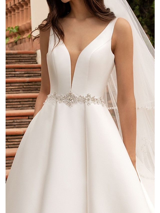 A-line V-neck Court Train Tulle Wedding Gown With Beading 3