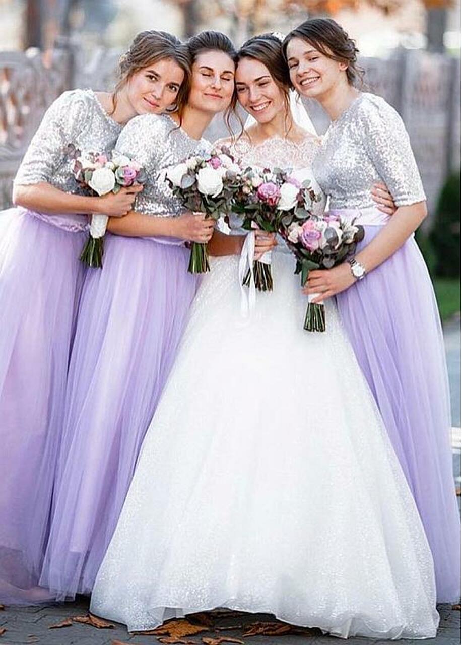 A-line Jewel Neck 3/4-Length Sleeves Floor-length Bridesmaid Attire 2