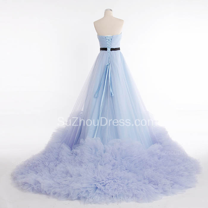 A-line Sweetheart Neck Sleeveless Sweep / Brush Train Organza Wedding Gown With Ruffles 4