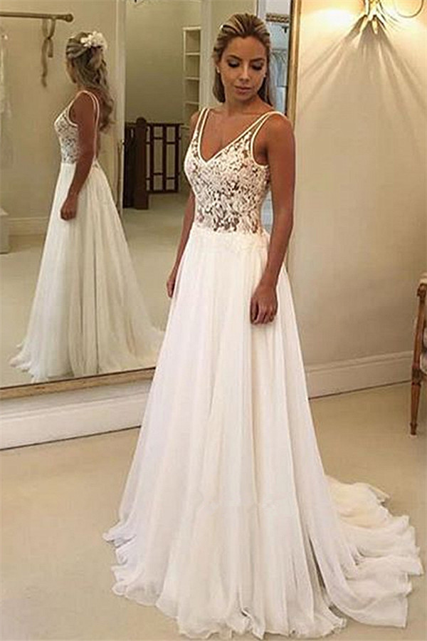 A-line V-neck Sleeveless Floor-length 100D Chiffon Formal Dress With Appliques 2