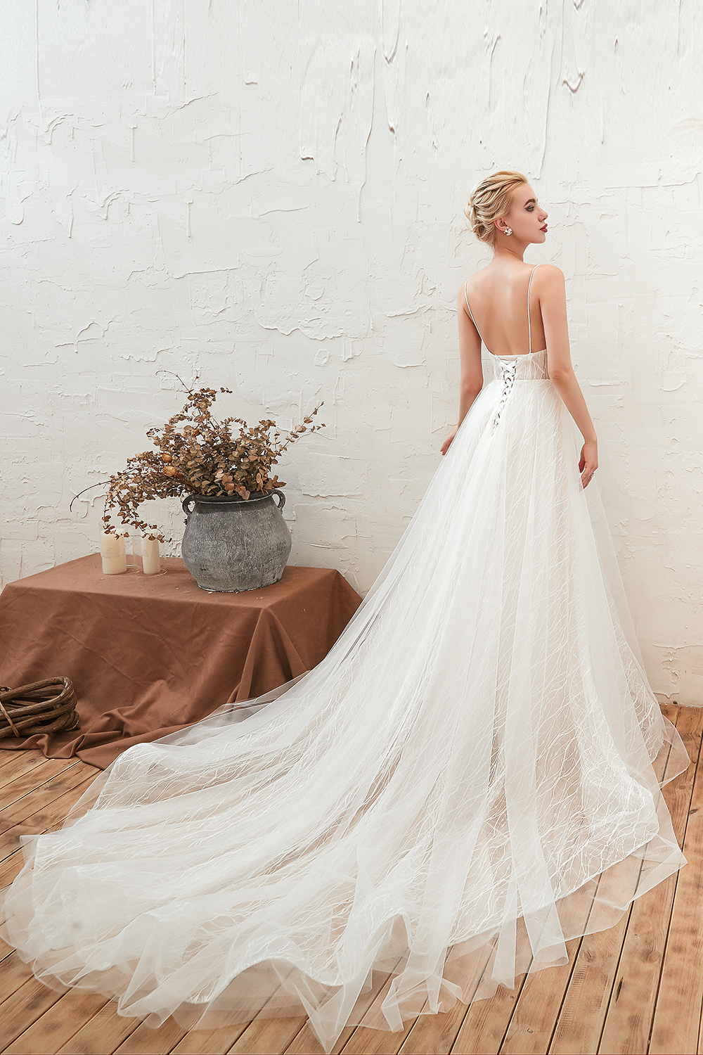 A-line Plunging Neckline Sleeveless Chapel Train Tulle Bridal Gown With Lace 13