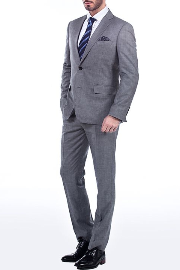 Grey Slim Fit Wool Blend Men's Suit with Notch Lapel and Two Flap Pockets 2