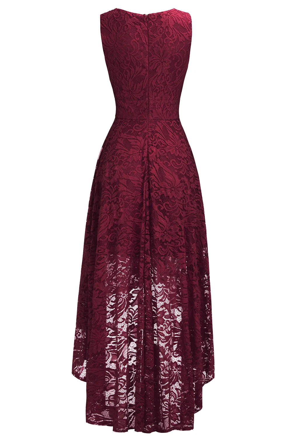 A-line V-neck Sleeveless Hi-Lo Lace Bridesmaid Dress With Ribbons 2