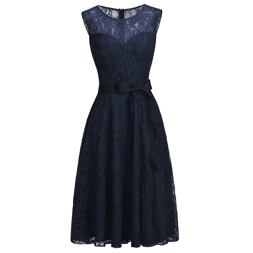 A-line Jewel Neck Sleeveless Knee-length Lace Bridesmaid Dress With Ribbons 7