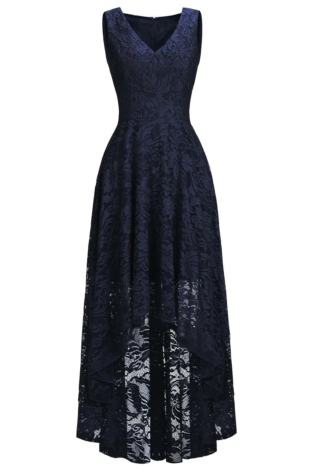 A-line V-neck Sleeveless Hi-Lo Lace Bridesmaid Dress With Ribbons 8