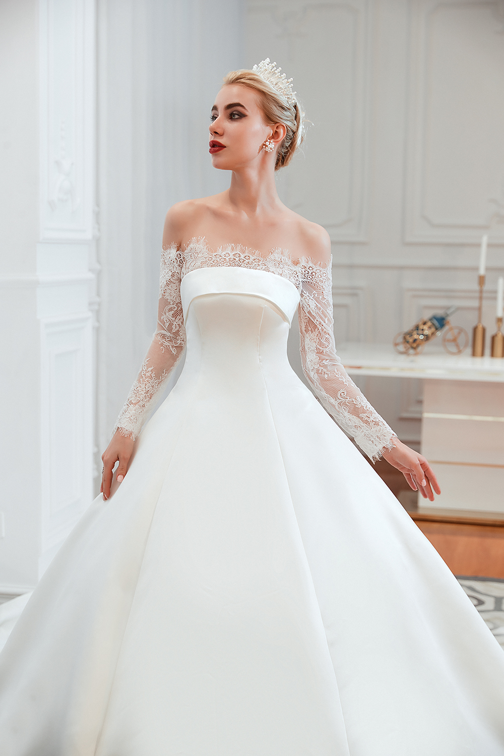 Bateau Neck Long Sleeves Cathedral Train Satin Wedding Gown With Lace 19