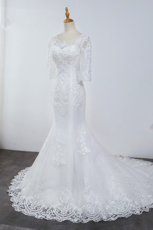 Mermaid Jewel Neck 3/4-Length Sleeves Floor-length Tulle Bridal Dress With Beading 3