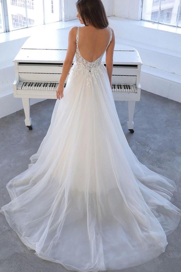 A-line V-neck Sleeveless Chapel Train Tulle Wedding Gown With Appliques 2