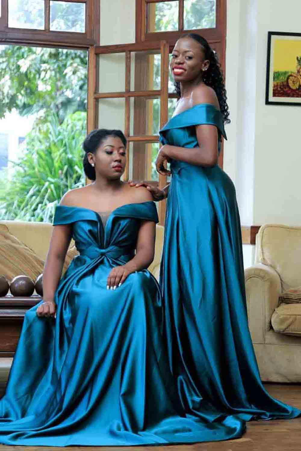 A-line Off-the-shoulder Cap Sleeves Floor-length Elastic Silk-like Satin Bridesmaid Outfit 3