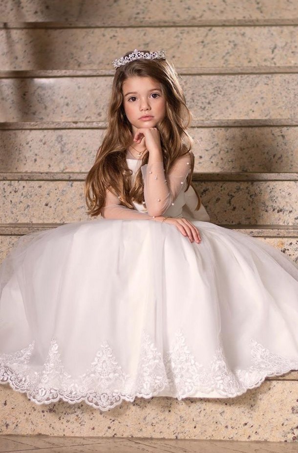 A-line Jewel Neck Long Sleeves Sweep / Brush Train Tulle Flower Girl Dress With Pearls 1