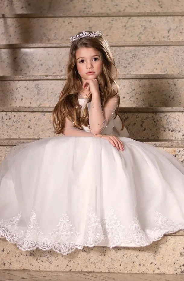 A-line Jewel Neck Long Sleeves Sweep / Brush Train Tulle Flower Girl Dress With Pearls 1