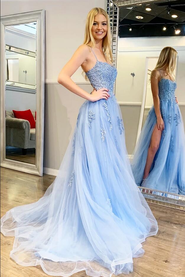 A-line Spaghetti Straps Sleeveless Floor-length Tulle Prom Dress With Lace 4