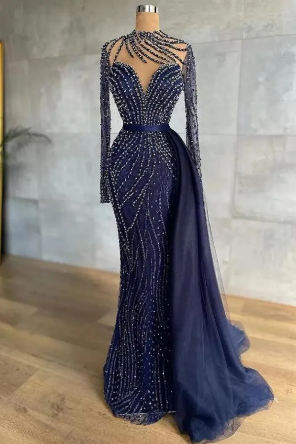 Mermaid One Shoulder Long Sleeves Floor-length Tulle Evening Dress With Ruffles 1