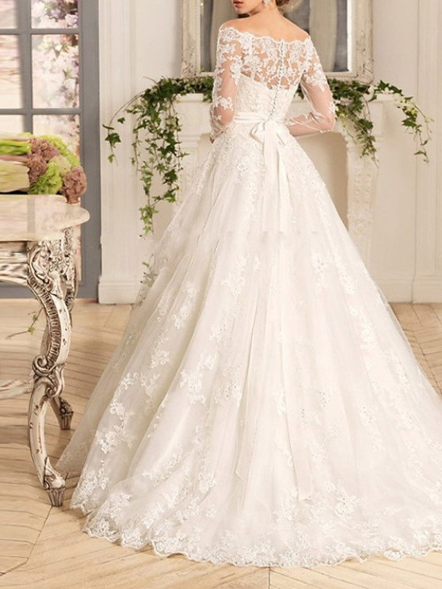 A-line Long Sleeves Court Train Tulle Bridal Gown With Buttons 2