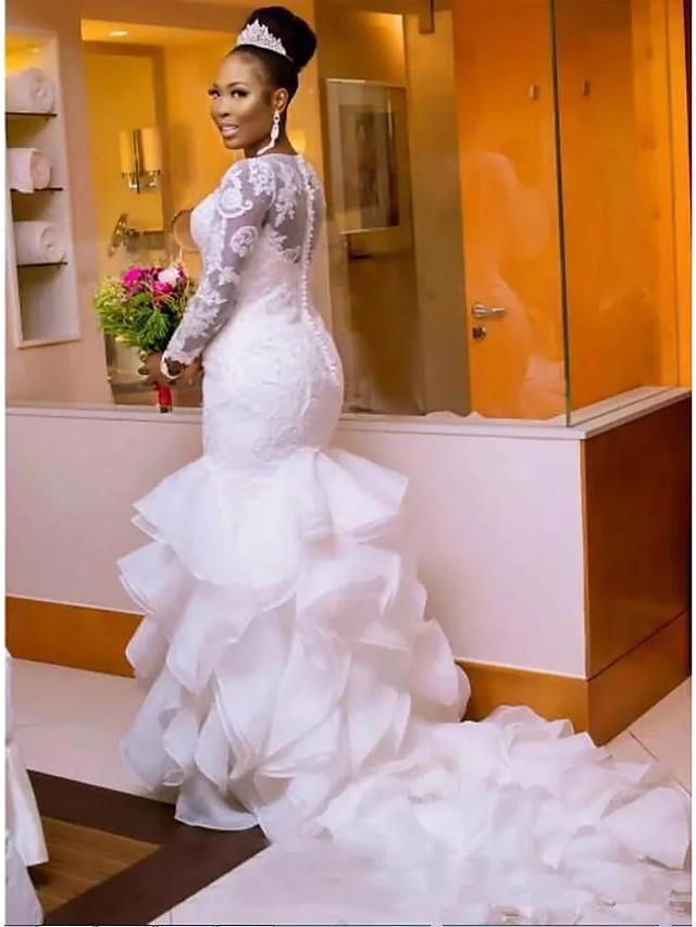 Mermaid Long Sleeves Court Train Organza Wedding Gown With Lace 3