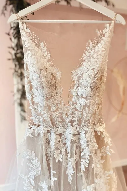 A-line V-neck Sleeveless Sweep / Brush Train Tulle Wedding Gown With Appliques 2