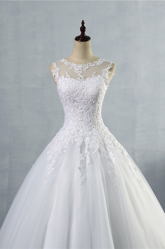A-line Jewel Neck Sleeveless Floor-length Tulle Bridal Dress With Appliques 4