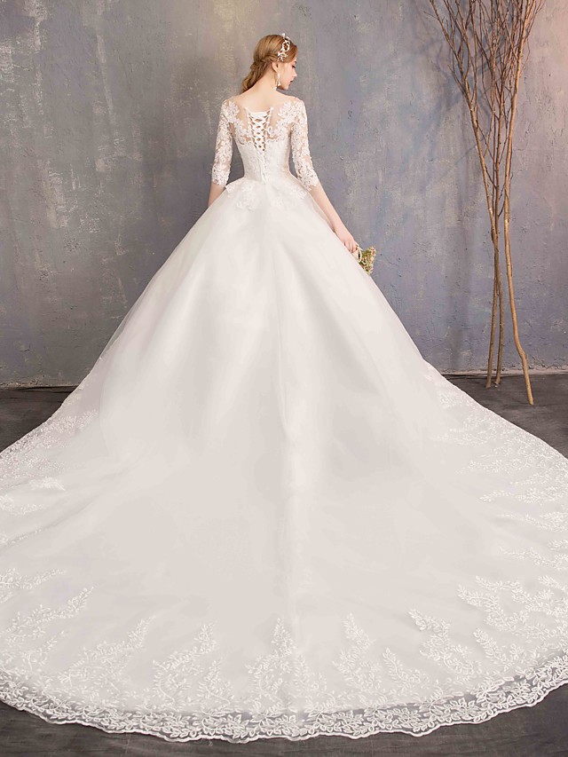 Ball Gown Half-Sleeves Chapel Train Lace Bridal Gown With Lace 9