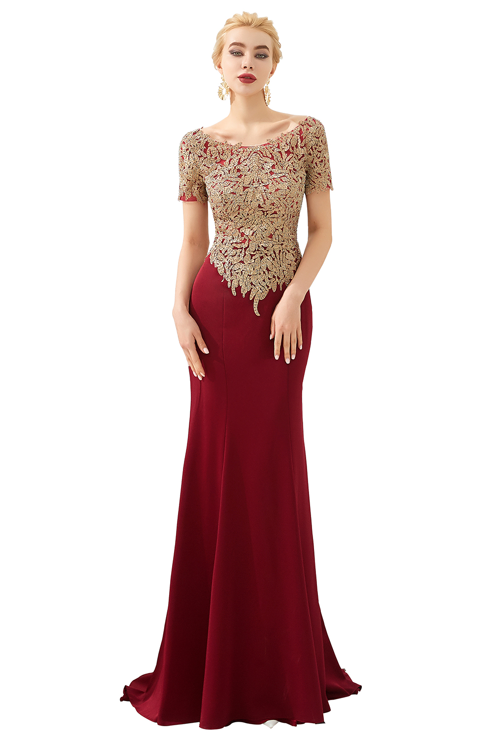 Mermaid Jewel Neck Short Sleeves Chapel Train Four-sided bomb Evening Gown With Lace 3