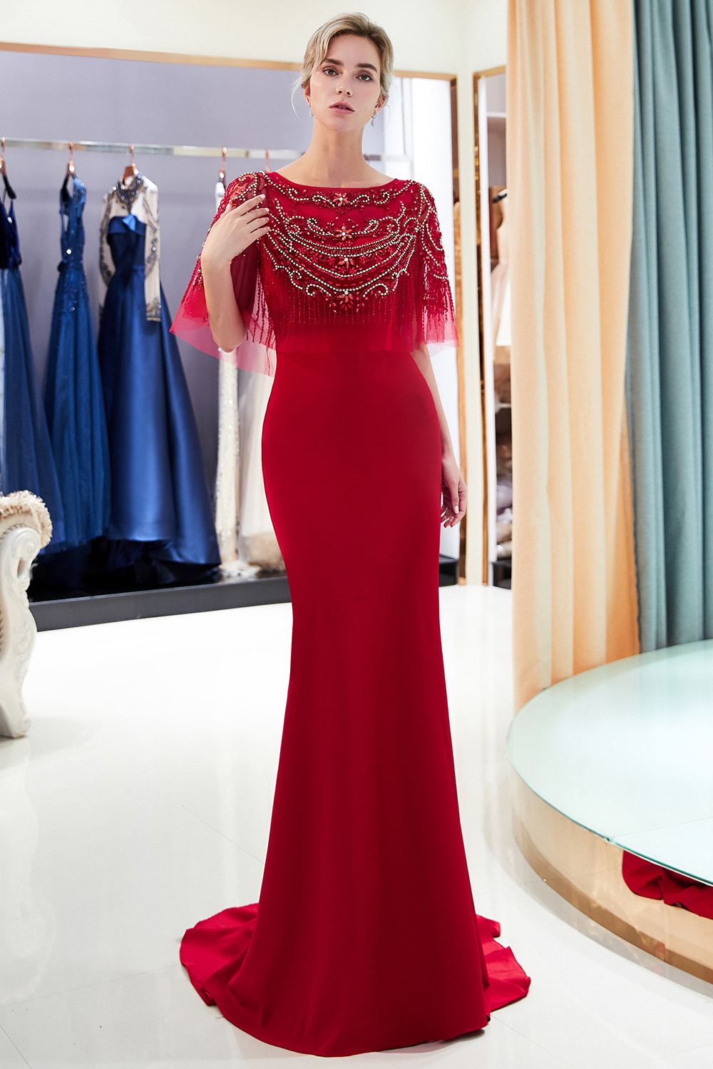 Mermaid Jewel Neck Sleeveless Court Train Stretch Satin Evening Dress With Beading 11