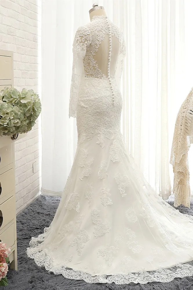 Mermaid Long Sleeves Floor-length Stretch Satin Bridal Dress With Appliques 2
