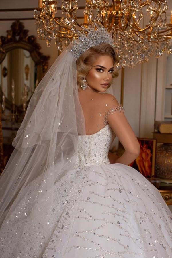 Ball Gown Jewel Neck Cap Sleeves Sweep / Brush Train Bridal Dress With Appliques 5