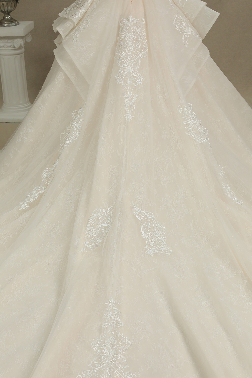 A-line Jewel Neck 3/4-Length Sleeves Floor-length Tulle Wedding Gown With Cathedral Train 8