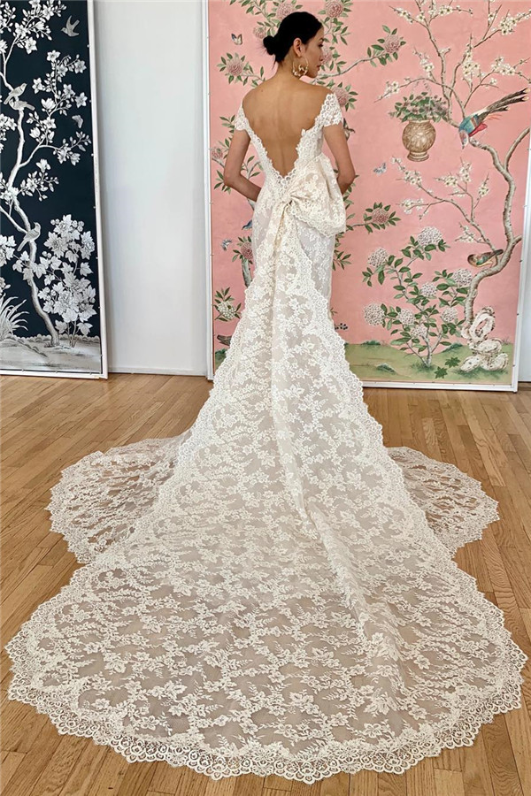Mermaid Off-the-shoulder Cap Sleeves Sweep / Brush Train Bridal Gown With Lace 2