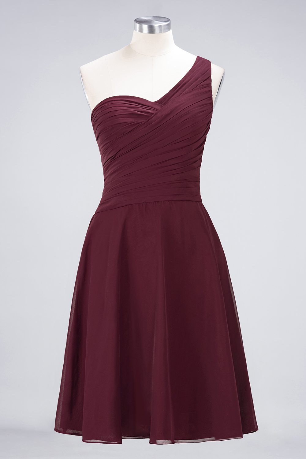 A-line One Shoulder Sweetheart Neck Sleeveless Knee-length 100D Chiffon Bridesmaid Attire With Ruffles 21
