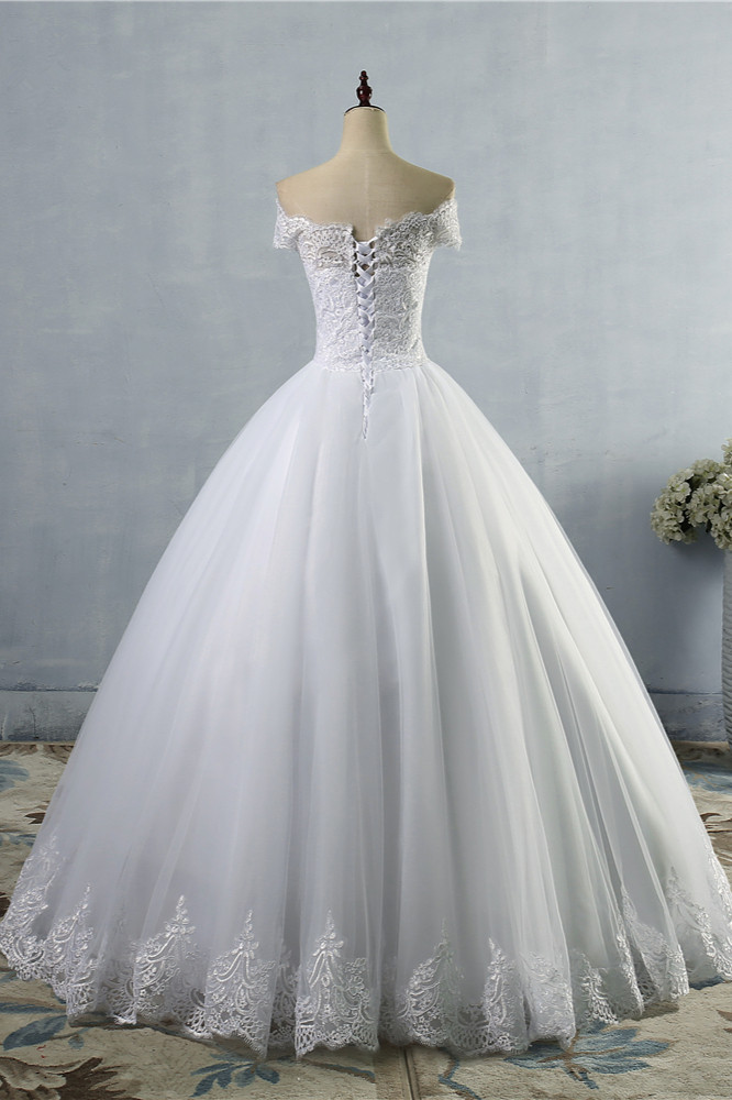 A-line Bateau Neck Floor-length Tulle Wedding Dress With Appliques 2