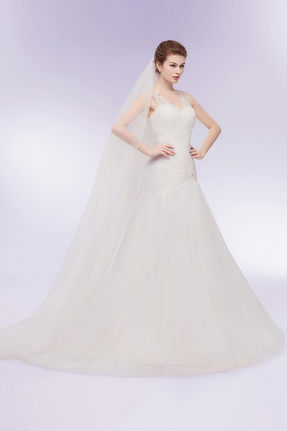Mermaid V-neck Sleeveless Court Train Tulle Bridal Gown With Crystal 6