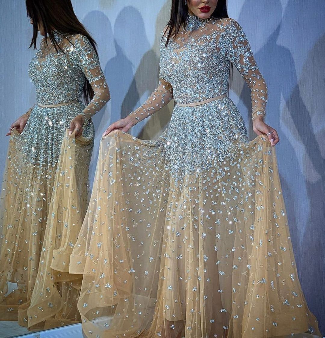 High Neck Long Sleeves Floor-length Tulle Cocktail Party Dress With Beading 2