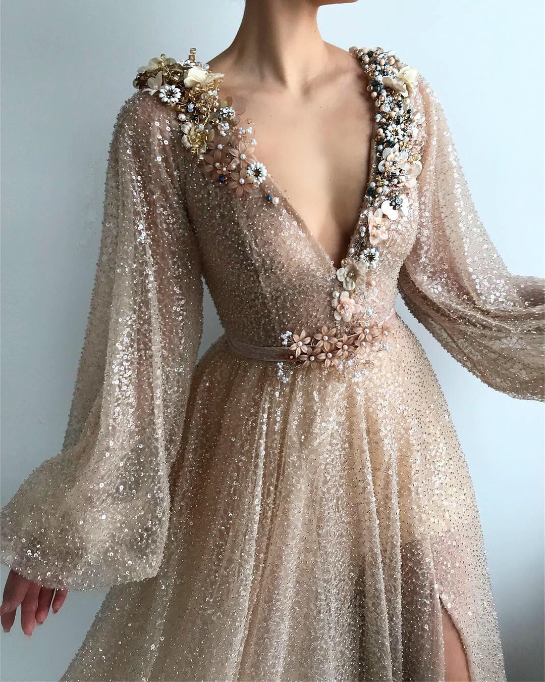 A-line V-neck Long Sleeves Floor-length Evening Dress With Split Front 2