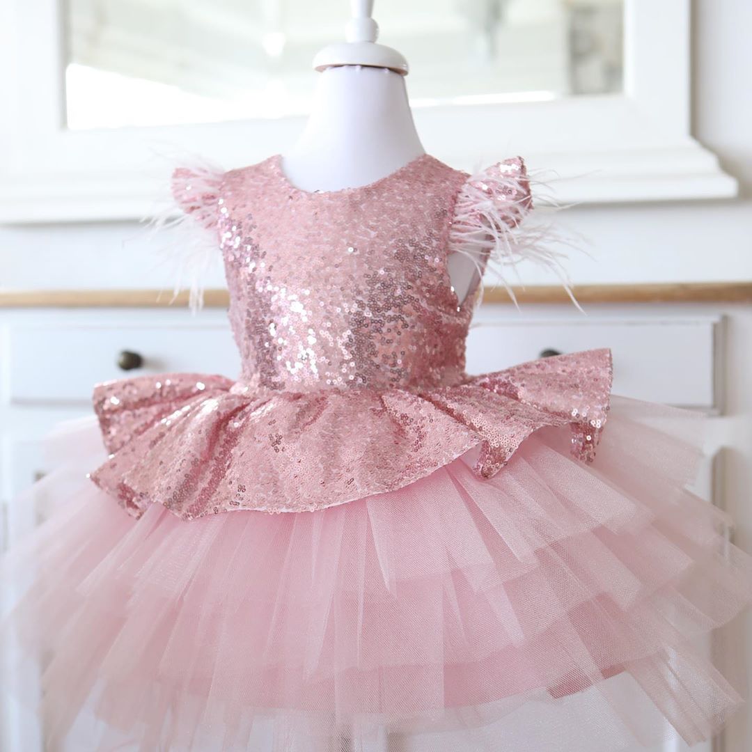 Jewel Neck Cap Sleeves Tulle Flower Girl Dress With Sequins 3
