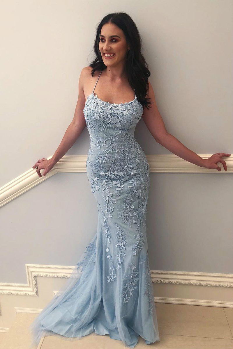Column Spaghetti Straps Sleeveless Sweep / Brush Train Formal Dress With Appliques 6