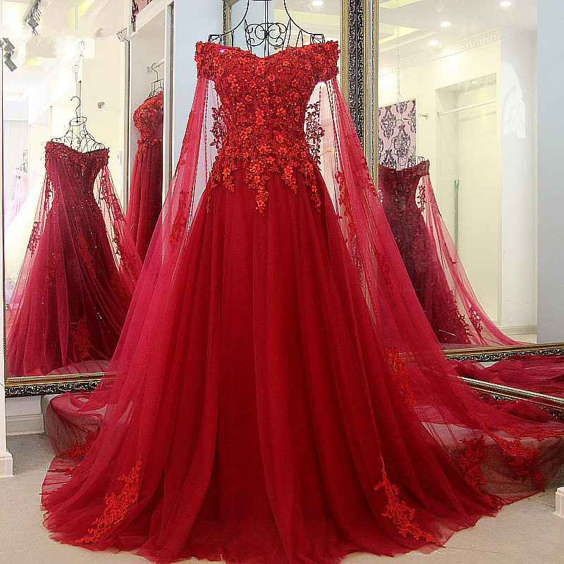 A-line Off-the-shoulder V-neck Sweep / Brush Train Tulle Formal Wear With Appliques 3
