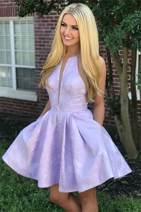 A-line Plunging Neckline Sleeveless Mini Satin Homecoming Dress With Appliques 1