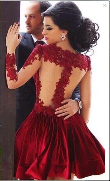 Lace Appliqued Illusion Long Sleeve Satin Short Evening Dress 4