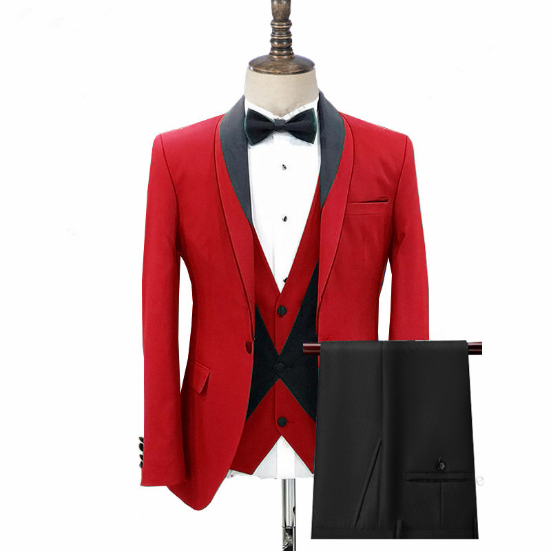 Red Three Pieces  Shawl Lapel Wedding Suit for Men 2