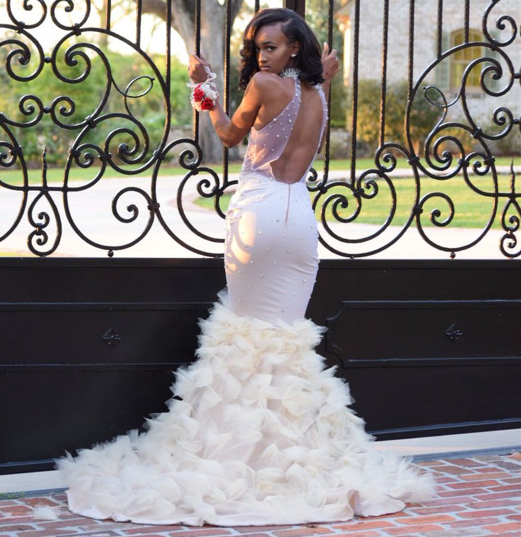 Mermaid High Neck Sleeveless Sweep / Brush Train Tulle Evening Dress With Beading 3