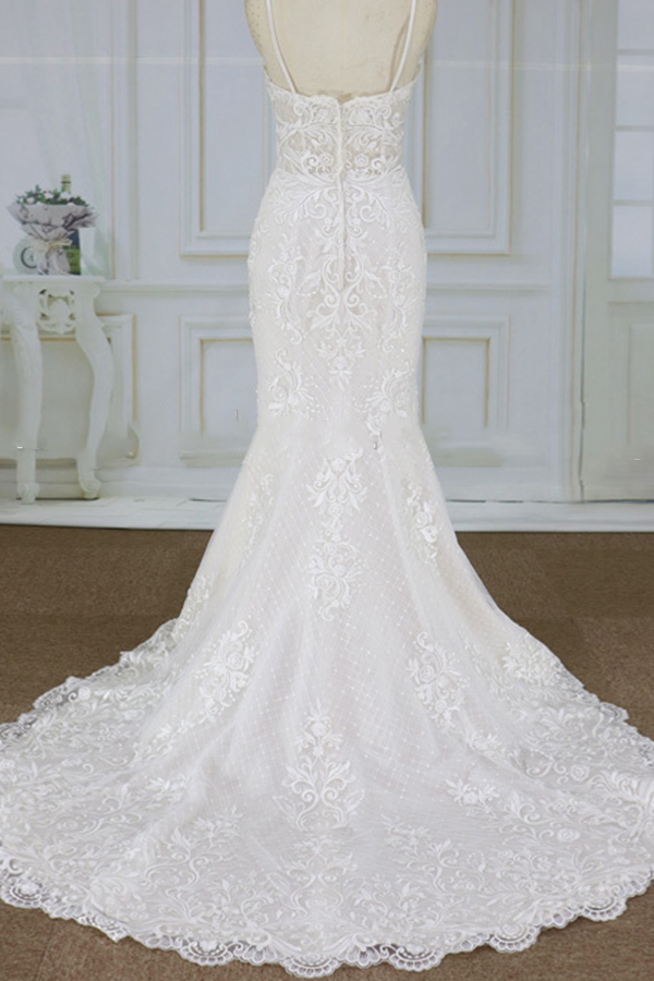 Mermaid Spaghetti Straps Sweetheart Neck Sleeveless Chapel Train Tulle Bridal Gown With Lace 2