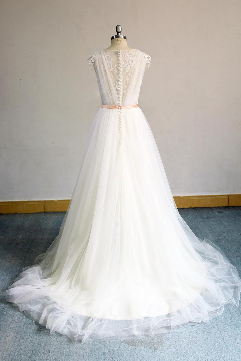 A-line V-neck Sleeveless Floor-length Tulle Bridal Attire With Ribbons 2