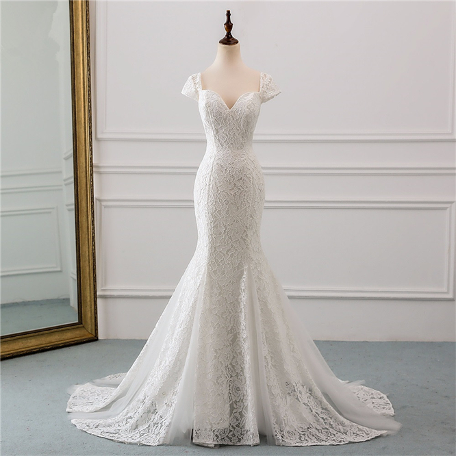 Mermaid Sweetheart Neck Cap Sleeves Floor-length Lace Wedding Dress With Lace 8