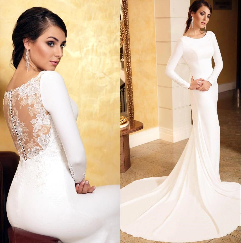 Mermaid Jewel Neck Long Sleeves Sweep / Brush Train Stretch Satin Bridal Gown With Lace 3