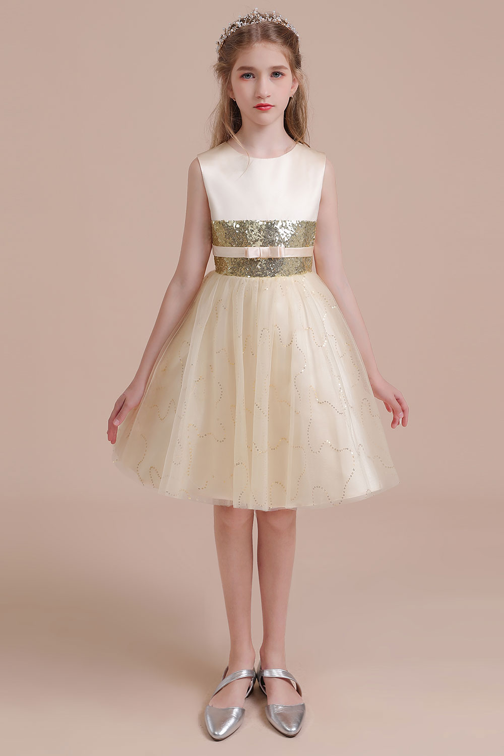 A-line Jewel Neck Sleeveless Knee-length Tulle Flower Girl Dress With Sequins 3