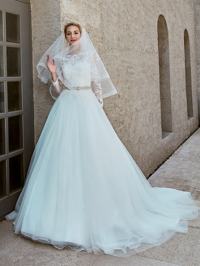 Ball Gown Bateau Neck Long Sleeves Chapel Train Tulle Bridal Gown With Lace 11