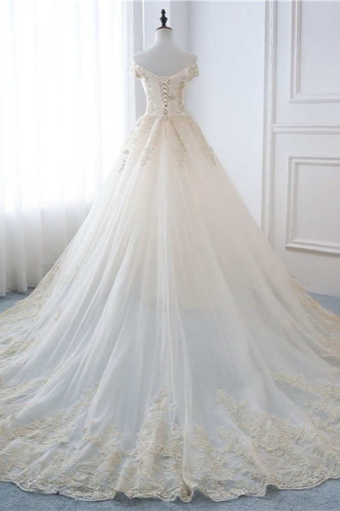A-line Off-the-shoulder V-neck Sleeveless Floor-length Tulle Wedding Dress With Appliques 2