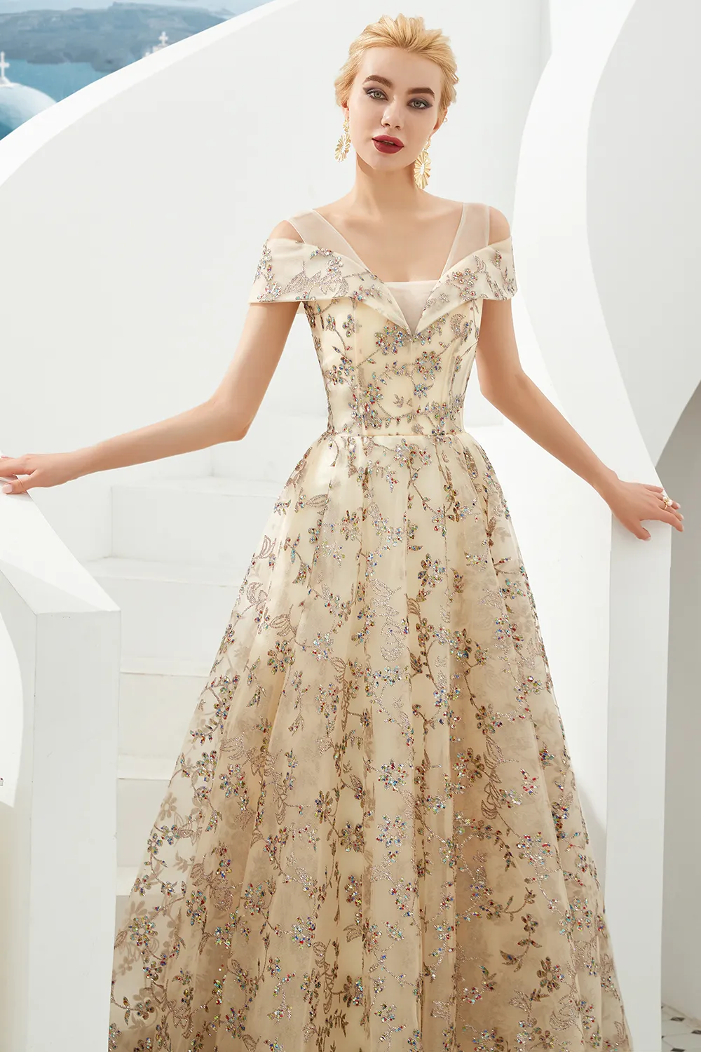 A-line V-neck Cap Sleeves Sweep / Brush Train Tulle Evening Dress With Sequins 4