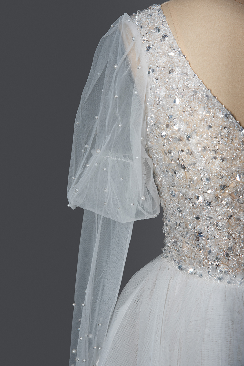 A-line V-neck Long Sleeves Cathedral Train Tulle Wedding Gown With Lace 6